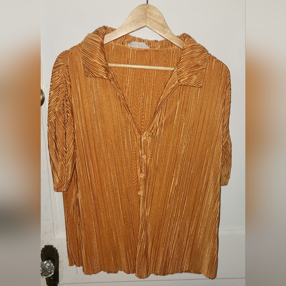 New In Size Small Pleated Button-Up Top in Mustard